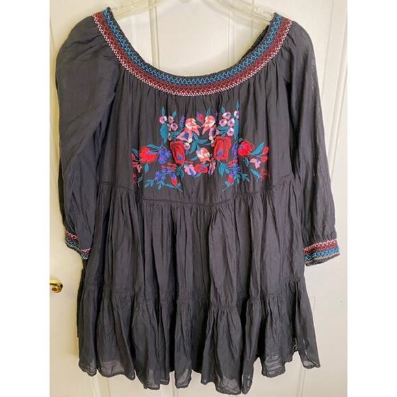 Free People Sunbeams Embroidered Off-The-Shoulder Black Dress Size Medium - Picture 4 of 10
